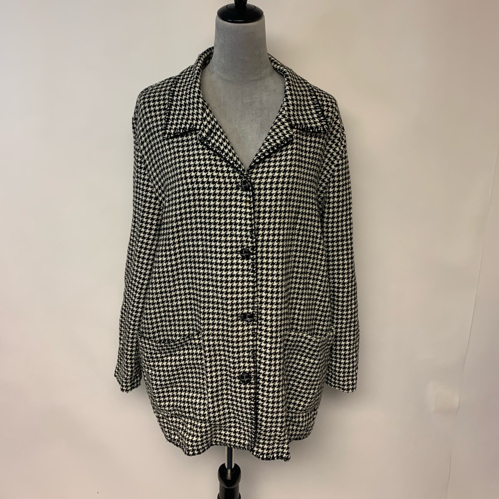 Vintage Houndstooth Blazer Wool Blend Preppy Office Career Classic Womens SZ M